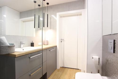 a bathroom with a sink and a toilet at Apartament Gardenia Sea&Sun DZIWNÓW PRZY PLAŻY in Dziwnów