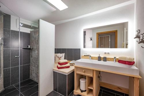 uma casa de banho com um lavatório e um chuveiro em Ferienwohnung Bergwelt em Kirchberg in Tirol