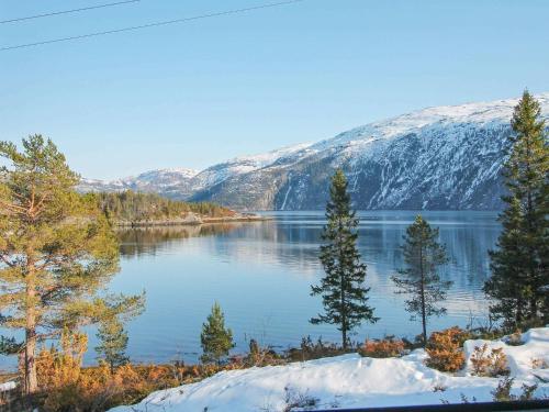 vistas a un lago con montañas cubiertas de nieve en 6 person holiday home in Foldereid, en Årfor