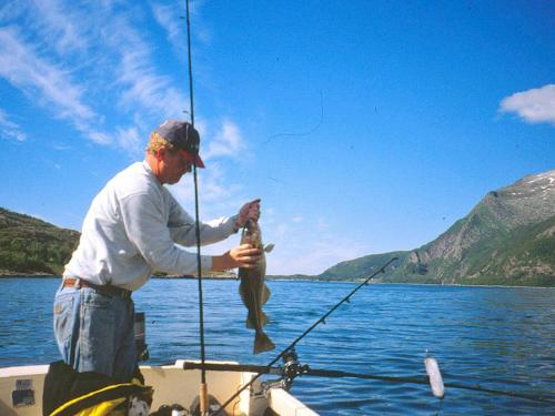 un hombre sosteniendo un pez en un barco en el agua en 6 person holiday home in Foldereid, en Årfor