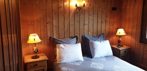 1 dormitorio con 1 cama con 2 lámparas y 2 almohadas en Grand Chalet Du Lac Du Boreon, en Saint-Martin-Vésubie