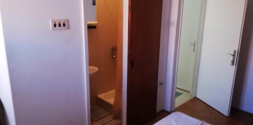 a bathroom with a shower and a toilet and a sink at MARINA Apartment end rooms in Vela Luka