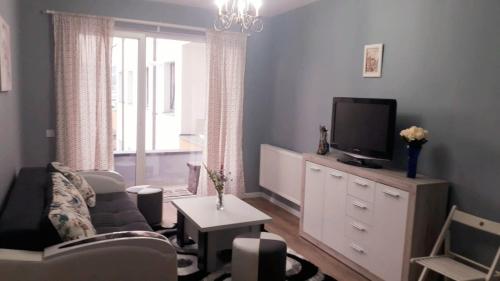 クルジュ・ナポカにあるUltra Central - Stunning Two Bedroom Apartmentのリビングルーム(ソファ、テレビ付)