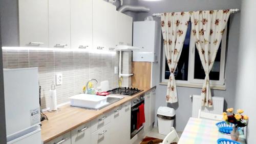 クルジュ・ナポカにあるUltra Central - Stunning Two Bedroom Apartmentの白いキャビネットとシンク付きのキッチン