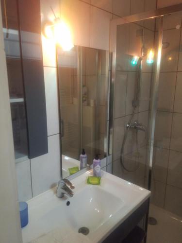 a bathroom with a sink and a shower and a sink at Tournus Castrum Romain - Duplex 54 m2 - 3 Étoiles - petit box vélo - 5mn Autoroute in Tournus