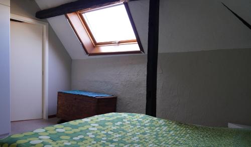 1 dormitorio con 1 cama y tragaluz en Rootmolen, en Kortessem