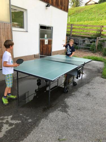 two children standing around a ping pong table at Bio Bauernhof Oberbenk in Wagrain