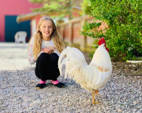 a little girl sitting next to a chicken at Ferienhof Utech in Wenkendorf auf Fehmarn