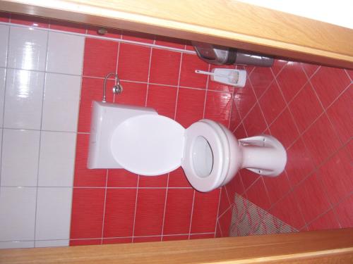 a red and white tiled bathroom with a urinal at Apartmani Marija in Ohrid