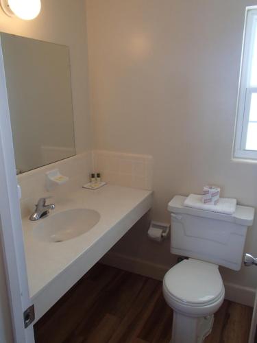 La salle de bains est pourvue d'un lavabo, de toilettes et d'un miroir. dans l'établissement Studio 1 Motel - Daytona Beach, à Daytona Beach