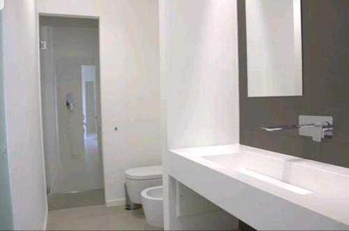 a bathroom with a sink and a toilet and a mirror at Xenia, B&B Soverato in Soverato Marina