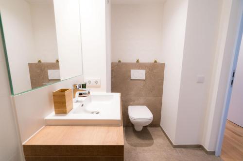 a bathroom with a white sink and a toilet at Vienna Residence, Hietzing - Schönbrunn in Vienna
