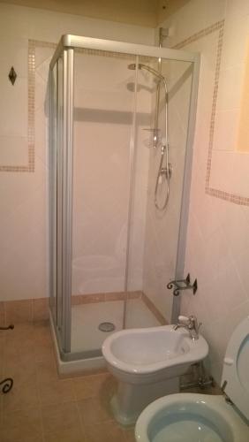 a bathroom with a shower and a toilet at Cerqueti agriturismo in Baschi