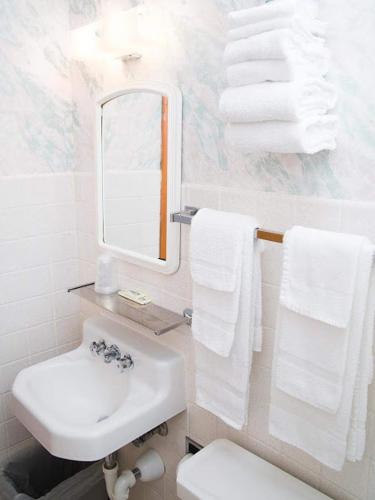 a bathroom with a sink and a toilet and a mirror at Colonial motel in Wisconsin Dells