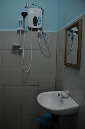 a shower in a bathroom with a sink and a mirror at Sukau tomanggong view bed & breakfast in Sukau