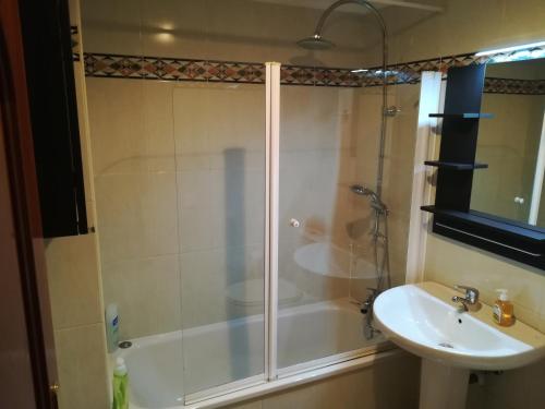uma casa de banho com um chuveiro, um lavatório e uma banheira em Javi em Gijón