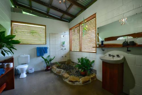 a bathroom with a toilet and a sink in it at A Daintree Garden in Diwan