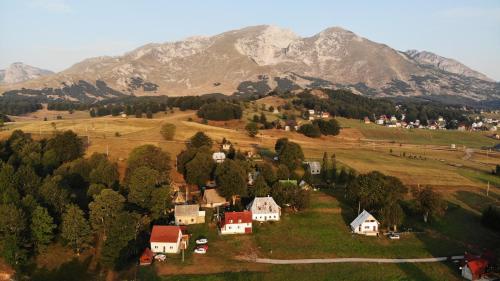 a small village on a hill with mountains in the background at Domaćinstvo Krstajić - Rural holiday in Žabljak