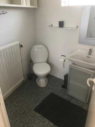 La salle de bains est pourvue de toilettes blanches et d'un lavabo. dans l'établissement Det Bette Hus, à Hjørring