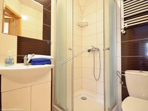 a bathroom with a shower and a sink and a toilet at Florek in Dziwnów