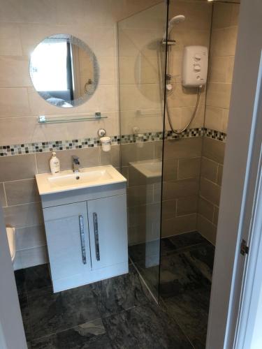 y baño con lavabo y ducha. en Private en-suite guestroom Ruthin, en Ruthin