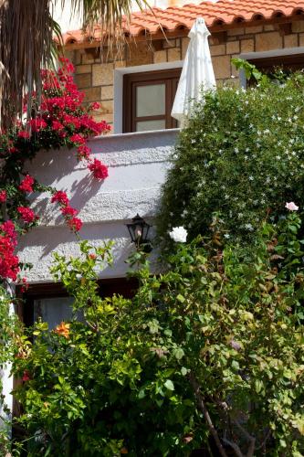 a building with a bunch of flowers and an umbrella at Notis Hotel in Samos