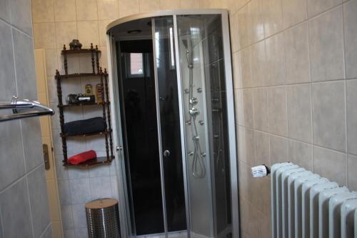 a shower with a glass door in a bathroom at FeWos im alten Bahnhof in Lauterecken