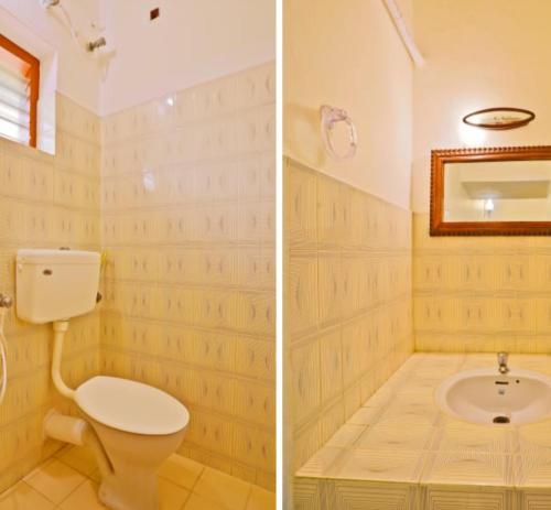 two pictures of a bathroom with a toilet and a sink at Beach Florra Inn in Kovalam