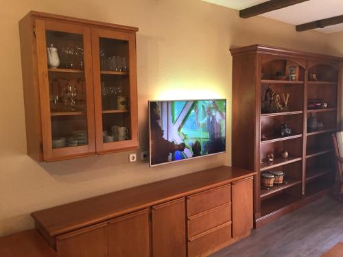a living room with a flat screen tv and wooden cabinets at El pequeño capricho in Arenas de San Pedro