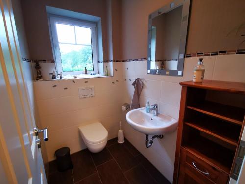 a bathroom with a sink and a toilet and a window at Traumhaftes Ferienhaus an der Nordseeküste in Otterndorf