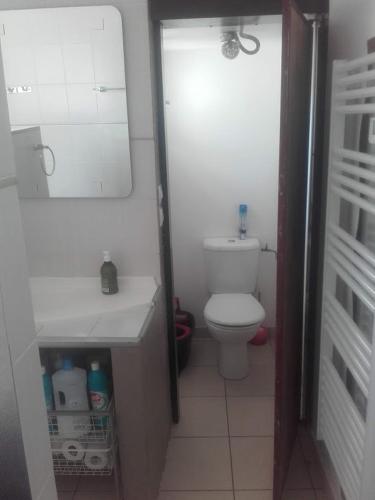 une salle de bain avec des toilettes blanches et un lavabo dans l'établissement Maison proche de Paris 15 minutes, à Deuil-la-Barre