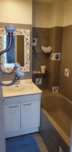 une salle de bain avec un lavabo, un miroir et une baignoire dans l'établissement à 10 mn à pied de Montmartre, à Paris