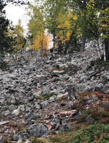a large pile of rocks on a hill with trees at Villa Karhuntähti in Luosto