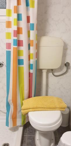 a bathroom with a toilet and a colorful shower curtain at Anna Zisimos in Adamantas