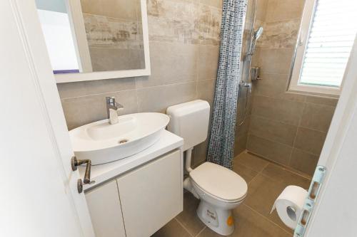 a bathroom with a toilet and a sink and a shower at Villa Decima in Milna