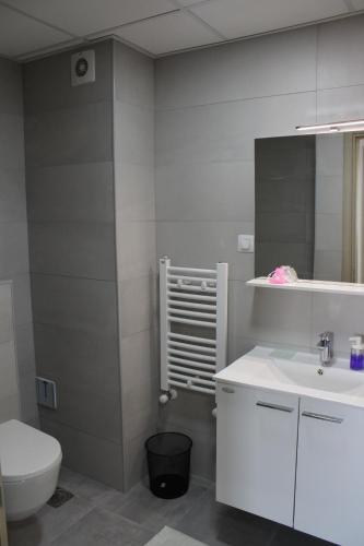 a bathroom with a white sink and a toilet at High End Apartments in Diamond Garden Building in Skopje