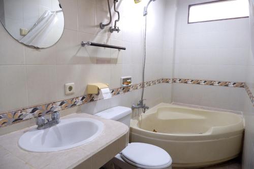 a bathroom with a sink and a toilet and a tub at Hotel Winotosastro Garden in Yogyakarta