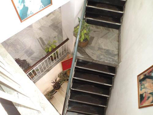 a staircase in a house with potted plants at Hotel Mahalaxmi Indo Myanmar in Guwahati