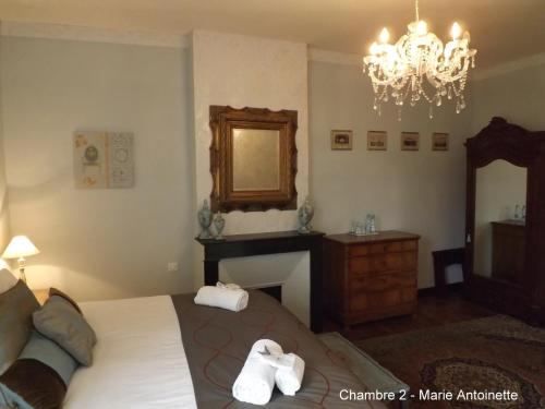 1 dormitorio con cama, espejo y lámpara de araña en Maison Porte del Marty, en Lalinde