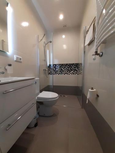 a bathroom with a toilet and a glass shower at WILLA BAJLAND in Warsaw
