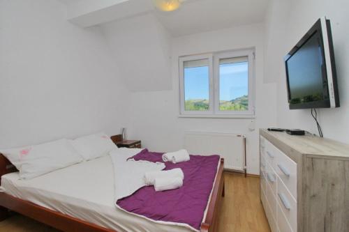 een slaapkamer met een groot bed en een televisie bij Vila Mija in Zlatibor