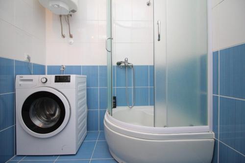 een badkamer met een wasmachine en een douche bij Vila Mija in Zlatibor