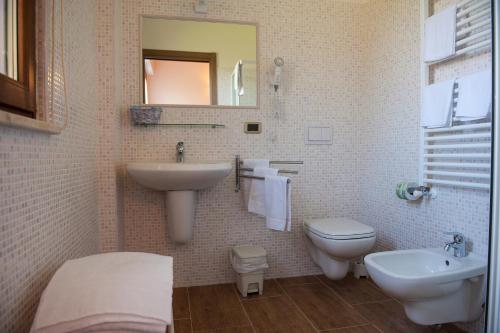 a bathroom with a sink and a toilet and a mirror at Agriturismo Il Vecchio Pollaio in Castel di Sangro