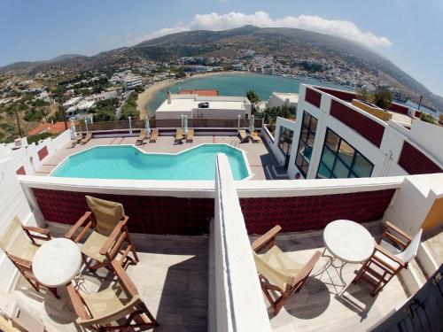 a view from the balcony of a hotel with a swimming pool at Mare Vista Hotel - Epaminondas in Batsi