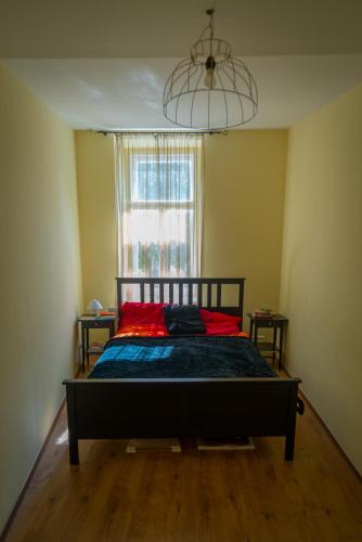 a bedroom with a bed in a room with a window at Sopron City Apartment in Sopron