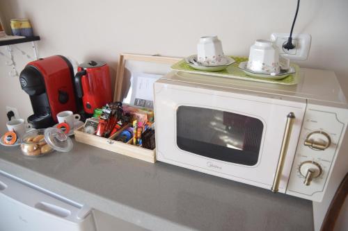 a microwave sitting on top of a kitchen counter at zimmer cigale in Odem