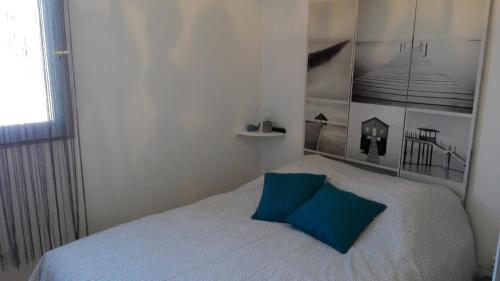 a bedroom with a bed with a blue pillow on it at appartement T2bis idealement situé au bord du lac marin de Vieux Boucau in Vieux-Boucau-les-Bains