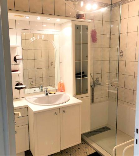 une salle de bain blanche avec un lavabo et une douche dans l'établissement Location Bouzon à Issoire, à Issoire