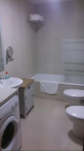 a bathroom with a toilet and a sink and a washing machine at Apartamentos Laurel in Logroño