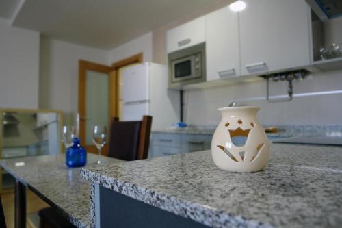 a white vase sitting on top of a kitchen counter at Apartamentos Laurel in Logroño